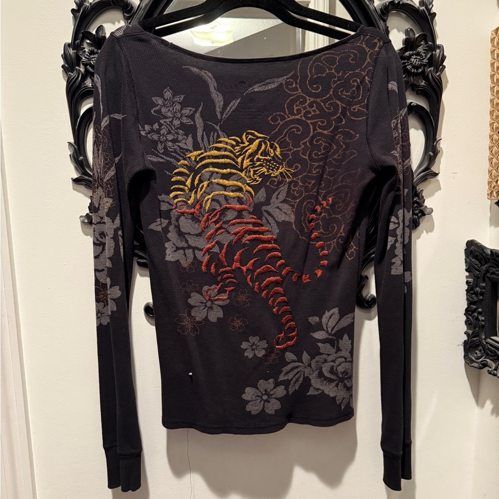 Vintage Lucky Brand Tiger Flower Embroidered Long Sleeve L